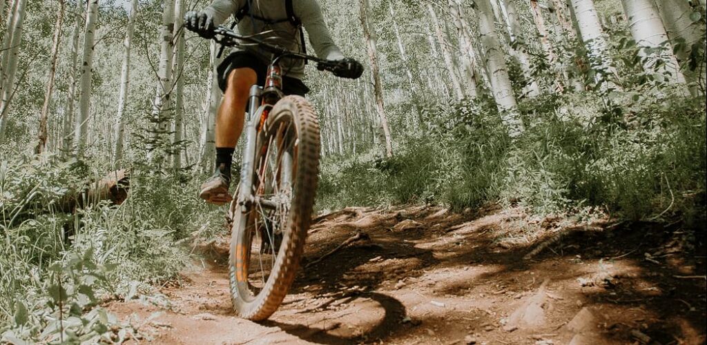 Pratique du VTT sur sentier forestier près de Beynost, activité cardio complémentaire à la salle de sport.