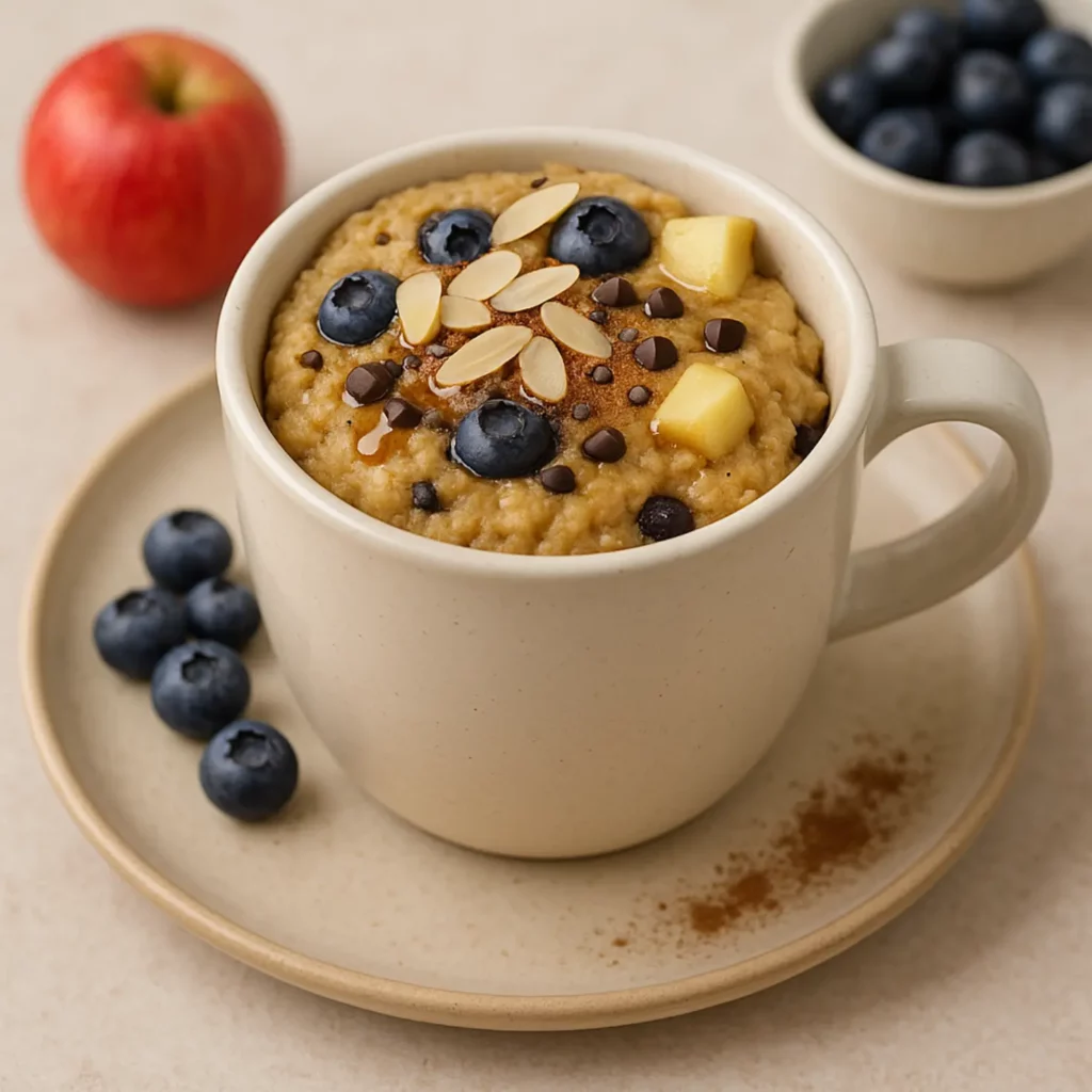 Mugcake minute à l’avoine : gâteau moelleux dans un mug, garni de myrtilles et d’amandes effilées