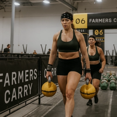 Deux athlètes en pleine épreuve de farmer carry lors d'une compétition HYROX, portant des kettlebells jaunes dans un couloir balisé.