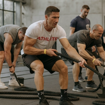 Athlètes effectuant un sled pull en salle de sport, tirant une corde lestée avec intensité lors d’un entraînement fonctionnel en groupe.
