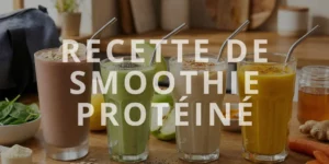Recette smoothie protéiné aux fruits variés dans quatre grands verres sur un plan de travail