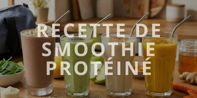 Recette smoothie protéiné aux fruits variés dans quatre grands verres sur un plan de travail