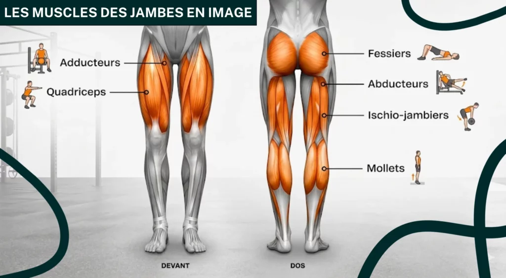 Image illustrant les différents muscles de la partie inférieur du corps humain avec les exercices associés